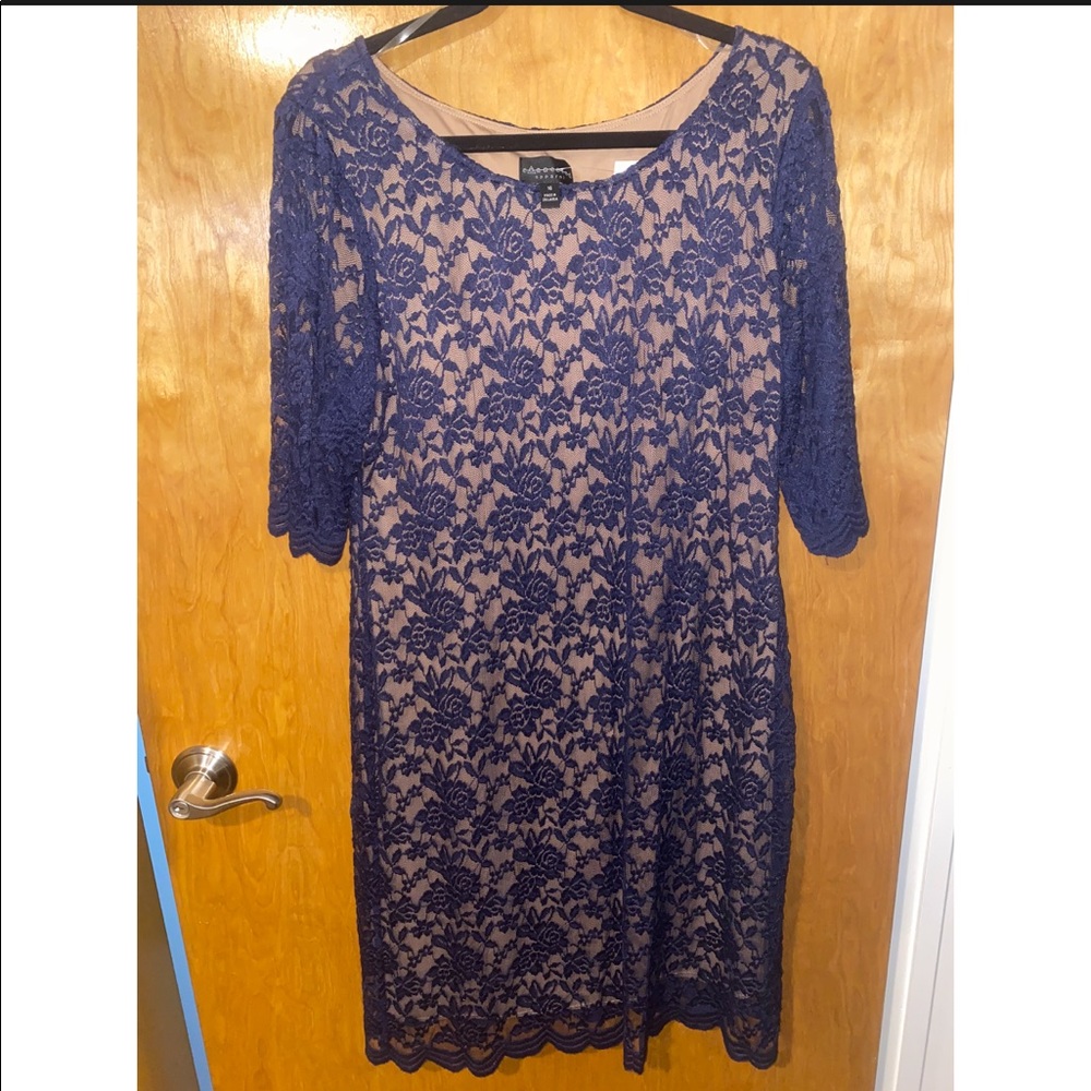 Tan dress with blue lace overlay. Size 16